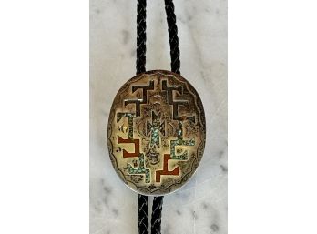 Vintage Sterling Silver Navajo Inlay Bolo Tie With Silver Tips (as Is)