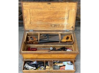 Large Antique Dovetail Wooden Toolbox With Contents - Saws, Planer, Hardware, & More