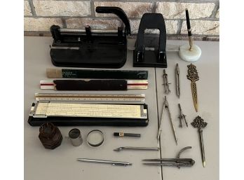 Collection Of Office Supplies - Hole Punches, Decimal Ruler, Triangle Scale Ruler, Letter Opener And More
