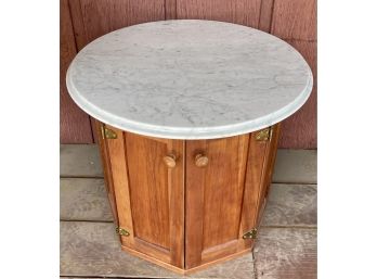 Round Marble Top Side Table With Wood Base And Brass Pulls