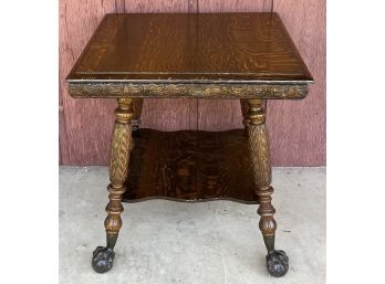 Antique Quartersawn Solid Oak Hand Carved Claw And Ball Foot Parlor Table
