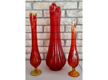 (3) Mid Century Modern Amberina L.E. Smith Viking Hand Swung Art Glass Handkerchief Vases