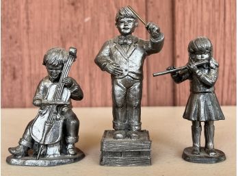 (3) Small Pewter Figurines By Michael Ricker - Composer 1992, Flute, And Upright Bass 1988