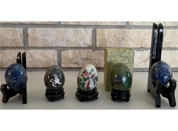 Collection Of Vintage Hand Painted Stone Chinese Eggs With (3) Stands - Agate, Blue Lapis, White Marble