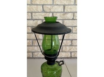 Vintage Green Art Glass And Black Metal Oil Lamp With Flue