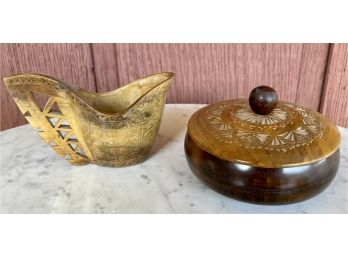 Vintage Hand Carved Wood Creamer And Hand Carved Wood Box With Lid
