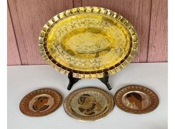 Collection Of Vintage Etched Brass Trays - Egypt And Hong Kong