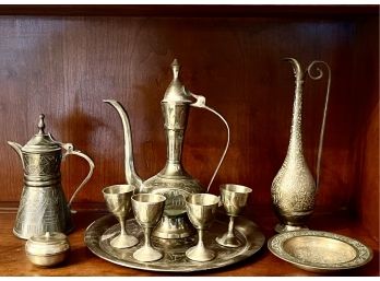 Collection Of Vintage Etched Brass - Pitchers, Small Bowl, Tea Serving Set, Small Container