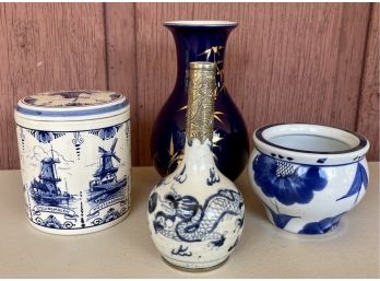 Delft Blauw Hand Painted Jar With Lid, Bamboo Painted Vase, Floral Vase, And Chinese Dragon Enamel Bud Vase