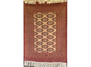 48 X 77 Inch Hand Knotted Persian Pakistani Red And Tan Tone Rug With Cotton Fringe.