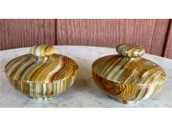 Vintage Pair Of Hand Carved Onyx Small Bowls With Lids