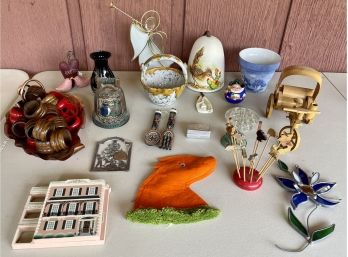 Eclectic Lot Of MCM Pottery, Bells, Stained Glass, Georgian Copper, Stefan Bell, And More