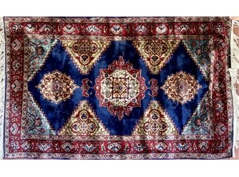 36 X 63 Inch Navy Blue And Red Tone Silk Blend Hand Knotted Persian Pakistani Rug With Cotton Fringe