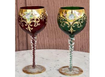 Ruby Red And Green Made In Italy Murano Enamel Twist Glass Goblets With Gold Trim