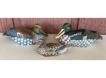 (3) Hand Painted Hand Carved Chinese Signed Mallard Ducks