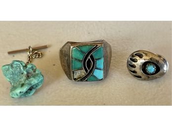Signed Zuni Inlay Sterling Silver And Turquoise Ring Size 11 And (2) Sterling And Turquoise Tie Tacks (as Is)