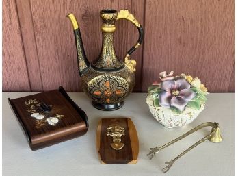 International Lot - Italy Floral Dish, Lacquer Wood OCM Japan Box, Middle Eastern Enamel Pot (as Is), And More