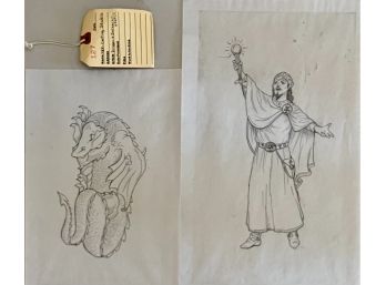 (2) Original Michael Ricker Sorcerer And Dragon Pencil Sketches