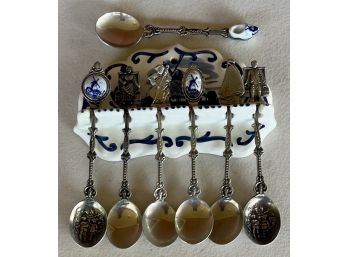 Vintage Holland Delft Blue Spoon Rack With (7) Assorted Silver Plate Souvenir Spoons
