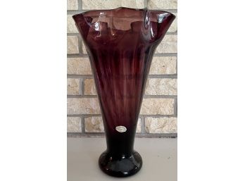 Gorgeous Vintage Large Hand Blown In Italy Guildcraft Purple Fluted Vase With Original Sticker