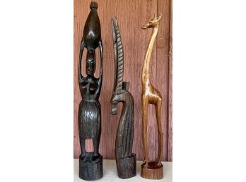 (3) Vintage Tribal Carved Ebony Wood Figurines - Gazelle, Female With Urn, And Giraffe (as Is)