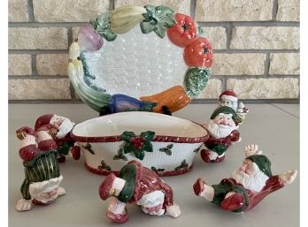 1990 Fits And Floyd Holiday Bowl With Figurines - Vegetable Bowl, 1991 Painted Santa