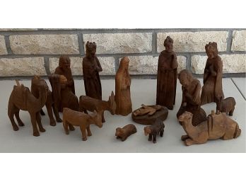 Vintage 16-piece Carved Wooden Nativity Scene (as Is)