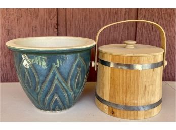 Blue And Green Ceramic Plant Pot And Wood With Wood And Metal Firkin