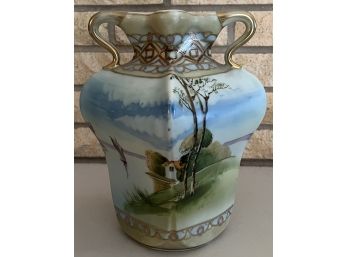 Antique 10' Hand Painted Nippon 4 Sided Vase With Handles Moriage