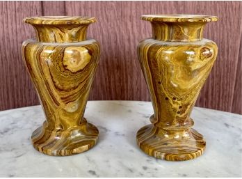 Vintage Pair Of Hand Carved Onyx Stone Vases