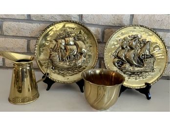 Vintage Mid Century Brass Lot With (2) Ship Plates With Hangers - Wingate Brass Bowl - Pakistani Pitcher