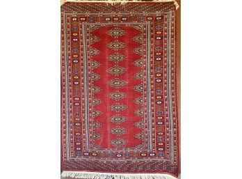 57 X 77 Inch Red And Blue Tone Persian Pakistan Hand Knotted Rug With Cotton Fringe