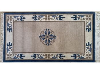 36.5 X 71 Inches 100 Percent Wool Blue And Cream Asian Motif Rug With Cotton Fringe