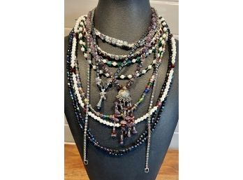 Collection Of Vintage And Hand Made Bead Necklaces - Amethyst - Rainbow Iris - Rhinestone Lariat & More