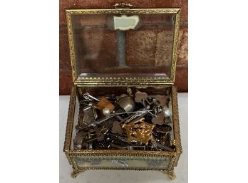 24k Plate Glass Trinket Box With Assorted Pins, Cufflinks, & Costume Jewelry - Faux Pearls, Silver Tone Cross