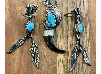 Vintage Sterling Silver And Turquoise Son Of Ben Pendant With Bear Claw & Feather Eagle Earrings