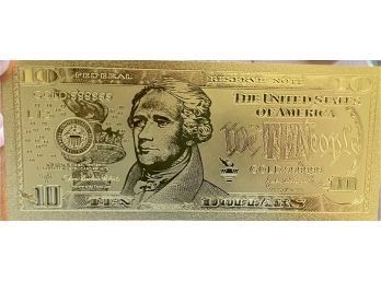 24K Gold Leaf  Limited Edition Ten Dollar Bank Note In Plastic Case