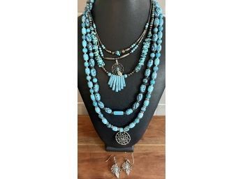 Collection Of Vintage Handmade Glass Bead & Silver Necklaces - Faux Turquoise - Acrylic Beads And More