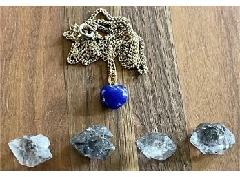 4 Natural Quartz Stone Crystals And A Gold Tone Blue Heart Necklace