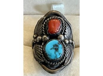 Nila Cook Johnson Navajo Sterling Silver - Turquoise And Coral Ring Size 9- 14.2 Grams