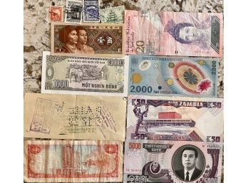 Collection Of Paper Money And Stamps - Venezuela - Zambia - Vietnam - Romania & More