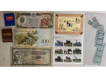 Lot Of Assorted Stamps, Foreign Bills, And Matches - Venezuela, Afghanis, Blue Chip, & More