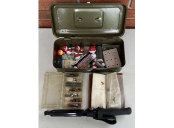 Metal Tackle Box With Assorted Fishing Accessories - Flies, Bobbers, Lures, And Fillet Knife