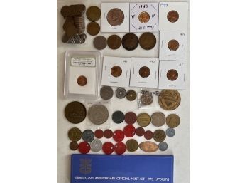 Small Collection Of Wheatback Pennies, Foreign Coins, And Tokens - Casino, Souvenir, And More