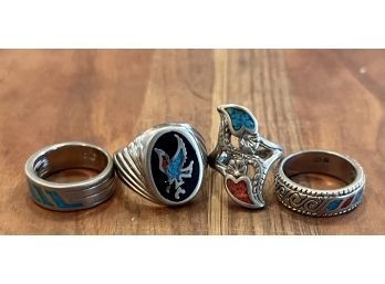 Collection Of Silver Tone Rings With Coral Snd Turquoise Inlay