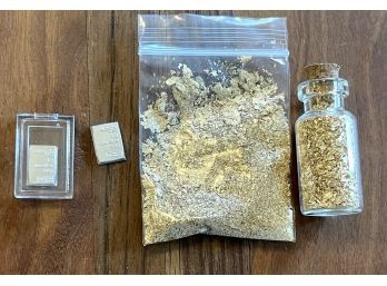 Small Bottle And Bag Of Foil Flake Gold Total Weight 5.8 Grams And (2) Gram Bars Of .999 Silver