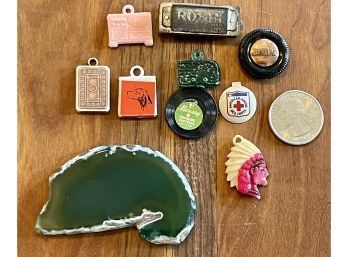 Vintage Cracker Jack & Gumball Prizes - Plastic Charms - Robin Harmonica - Chief - Record & Green Agate Slabic