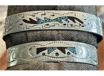 (2) Vintage Silver Navajo Cuff Bracelets With Turquoise & Coral Inlay Signed T - Possibly Florence Tahe