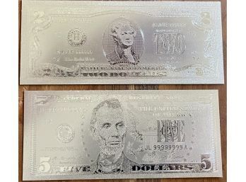 Silver Leaf Bank Notes Two Dollar Bill And Five Dollar Bill  In Plastic Package