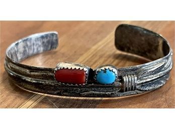 Samson Kee Navajo Sterling Silver - Turquoise - Coral Cuff Bracelet 23.8 Grams